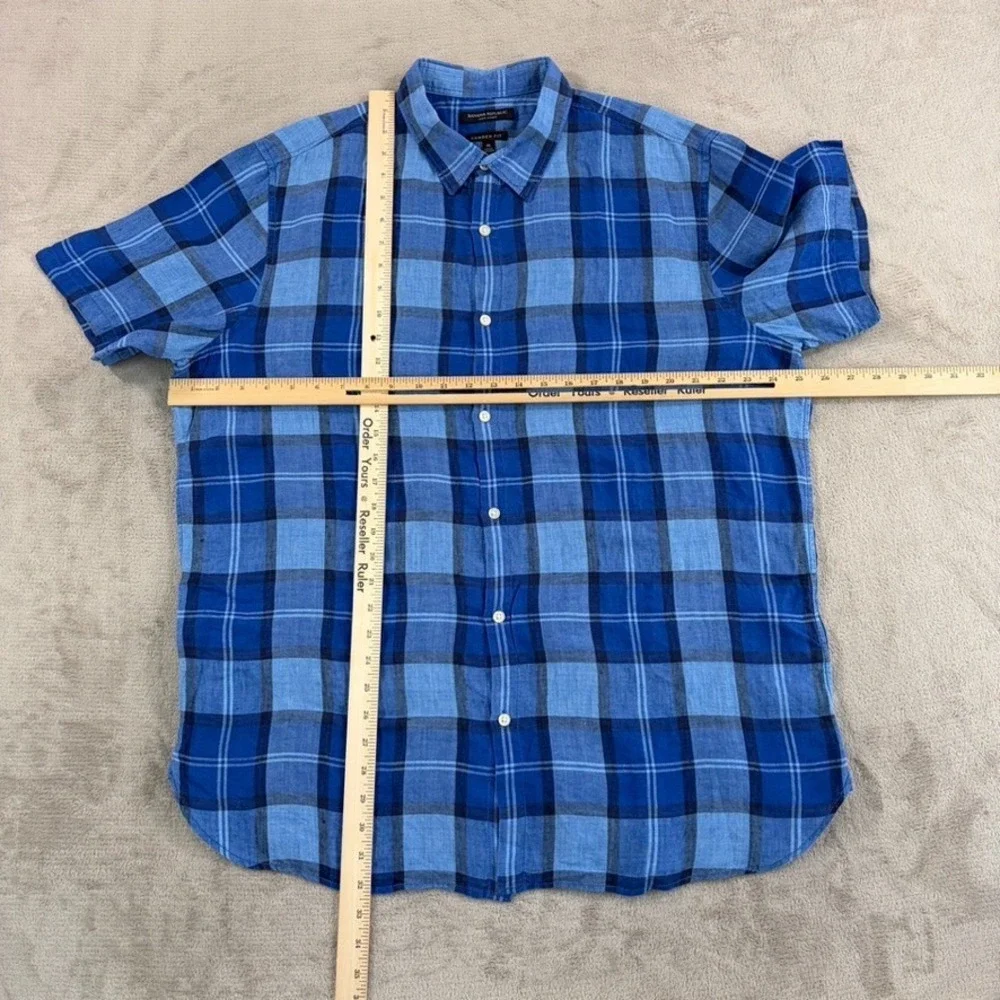 Banana Republic Camden Fit Shirt in Blue Plaid 100% Linen Men XL Short Sleeve